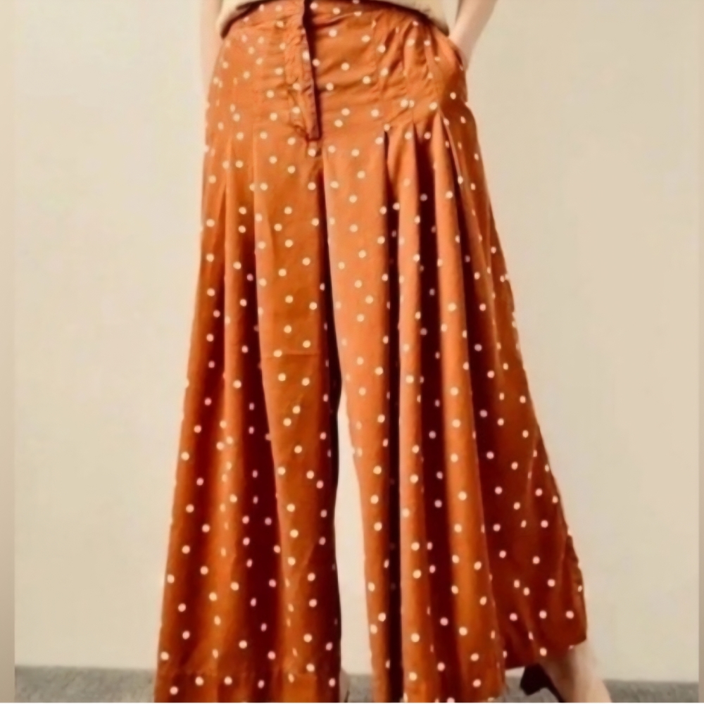 Anthropologie - Maeve Isobel Wide Leg Pleated Apollo Dot Pants - Rust/Brown - Picture 3 of 11